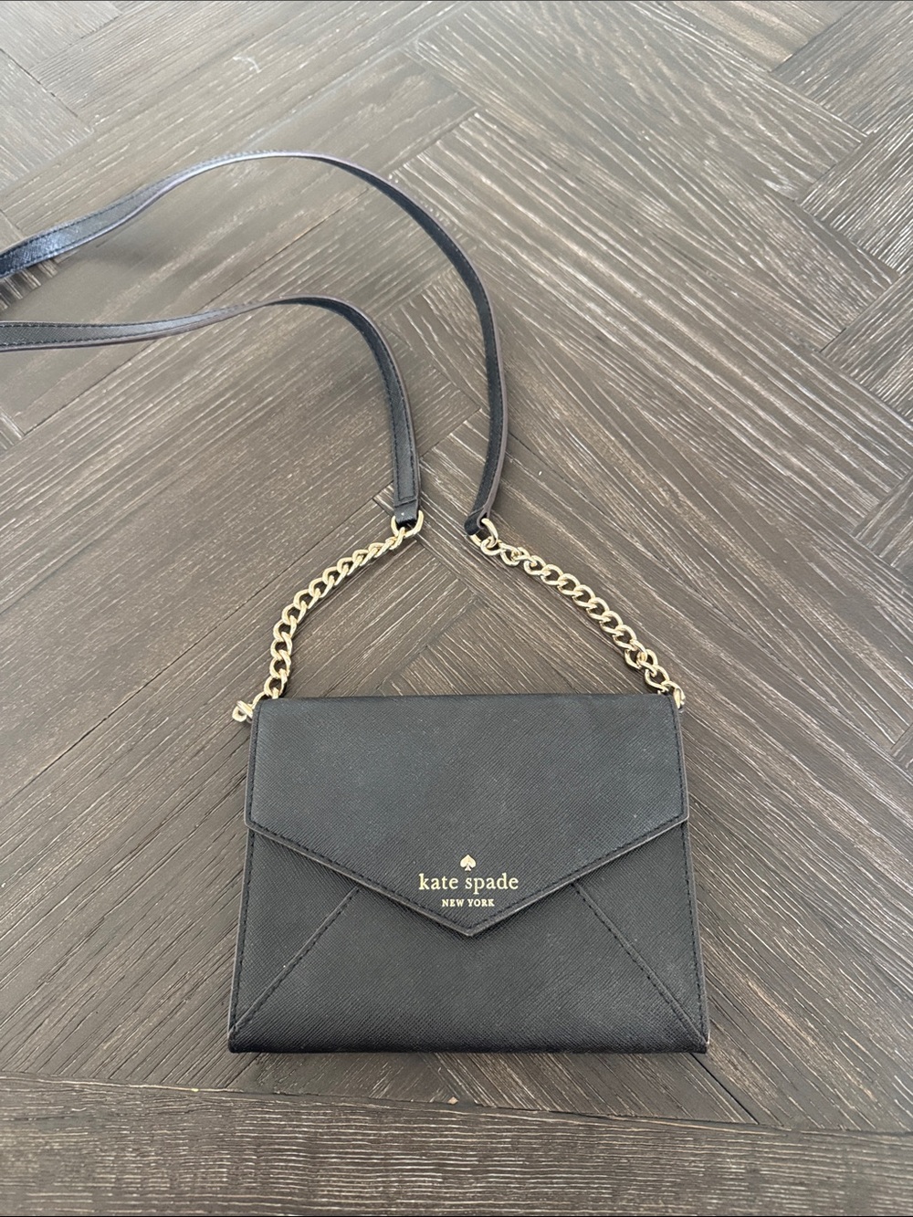 Kate Spade Black Leather Crossbody Bag Gold Chain Small Envelope Purse